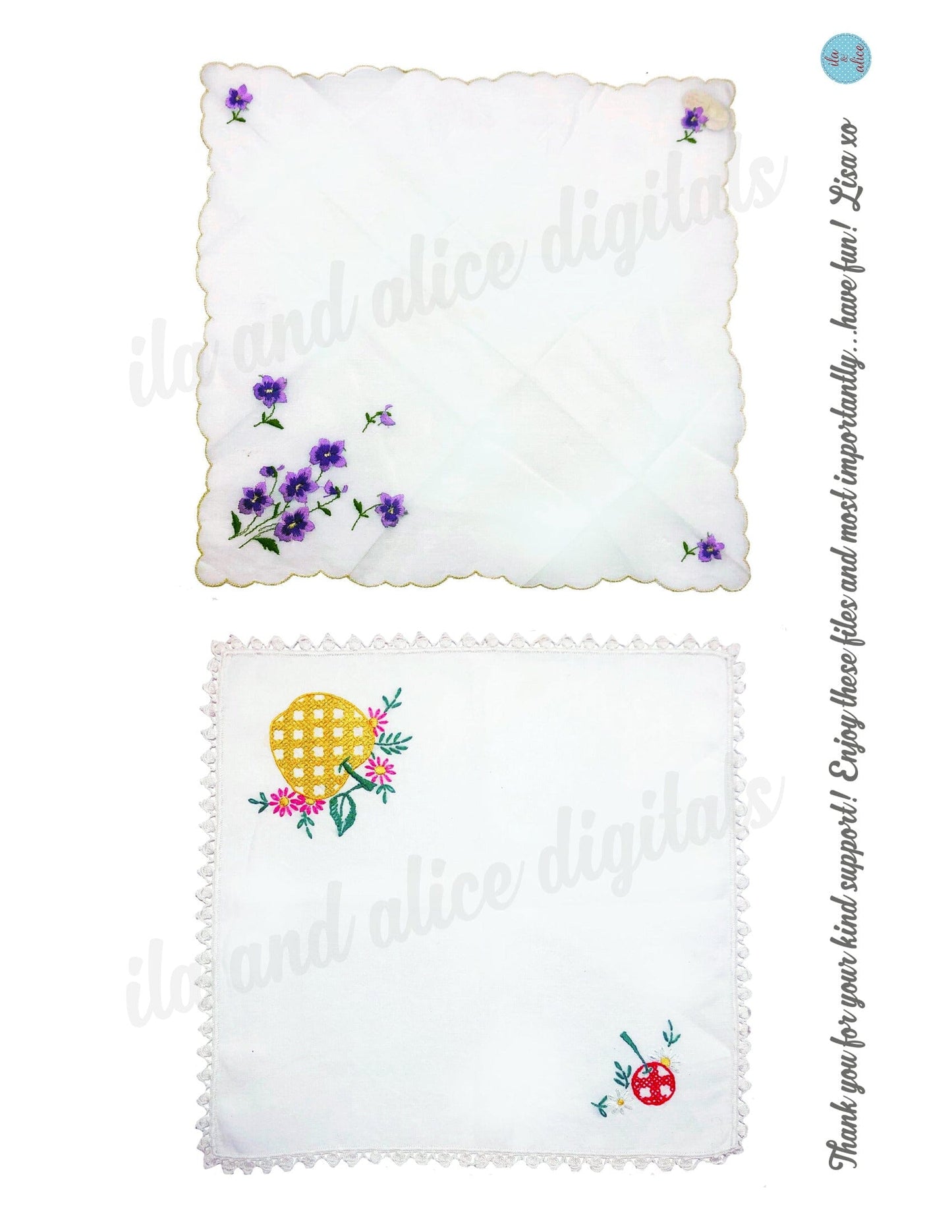 Pretty Digital Vintage Hankies-Set of 6 Cute Printable Hankies Journal ila & alice 